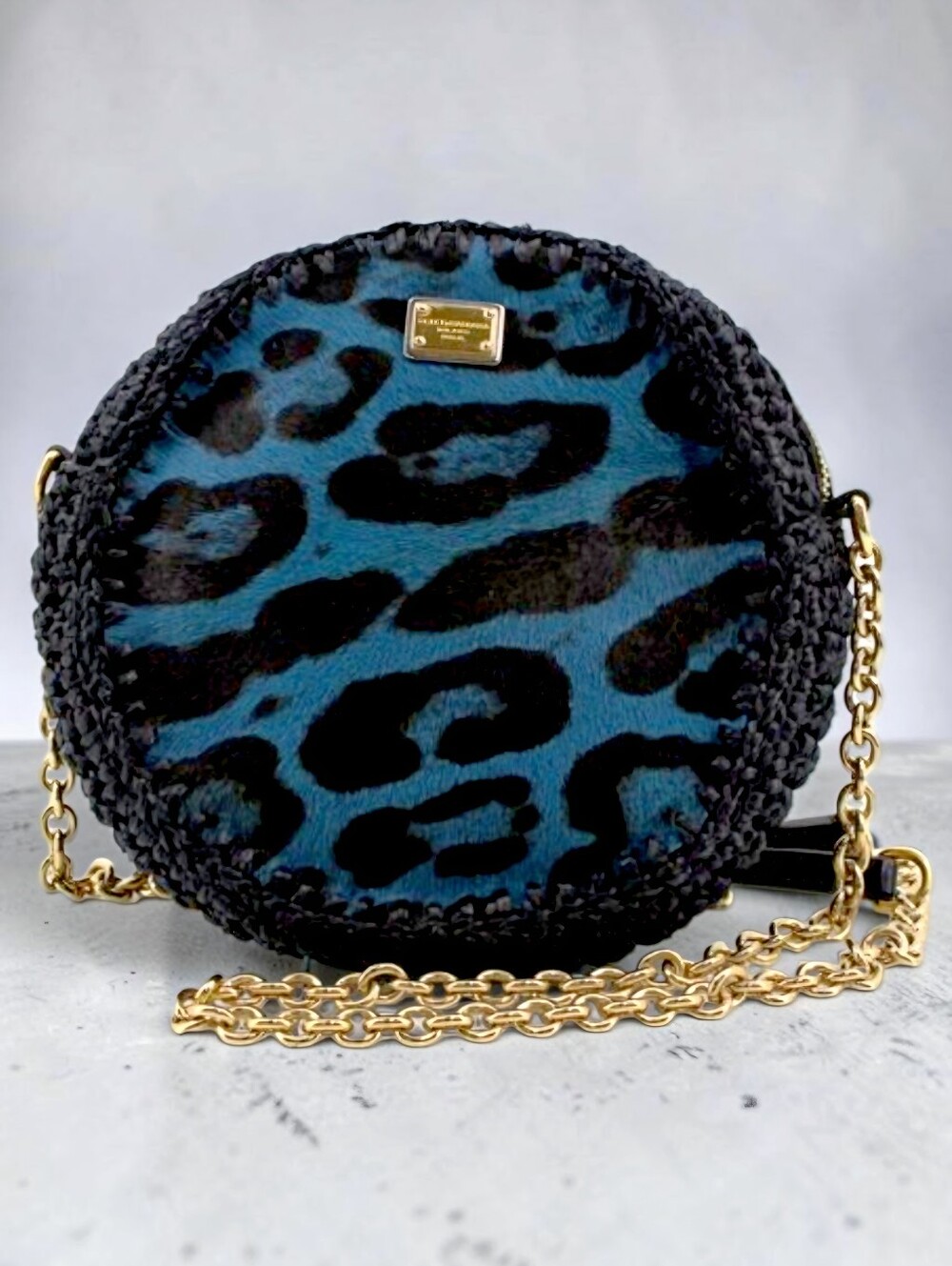 Dolce And Gabbana Leopard-Print Crossbody Bag Blue Black Pony Hair Straw D&G